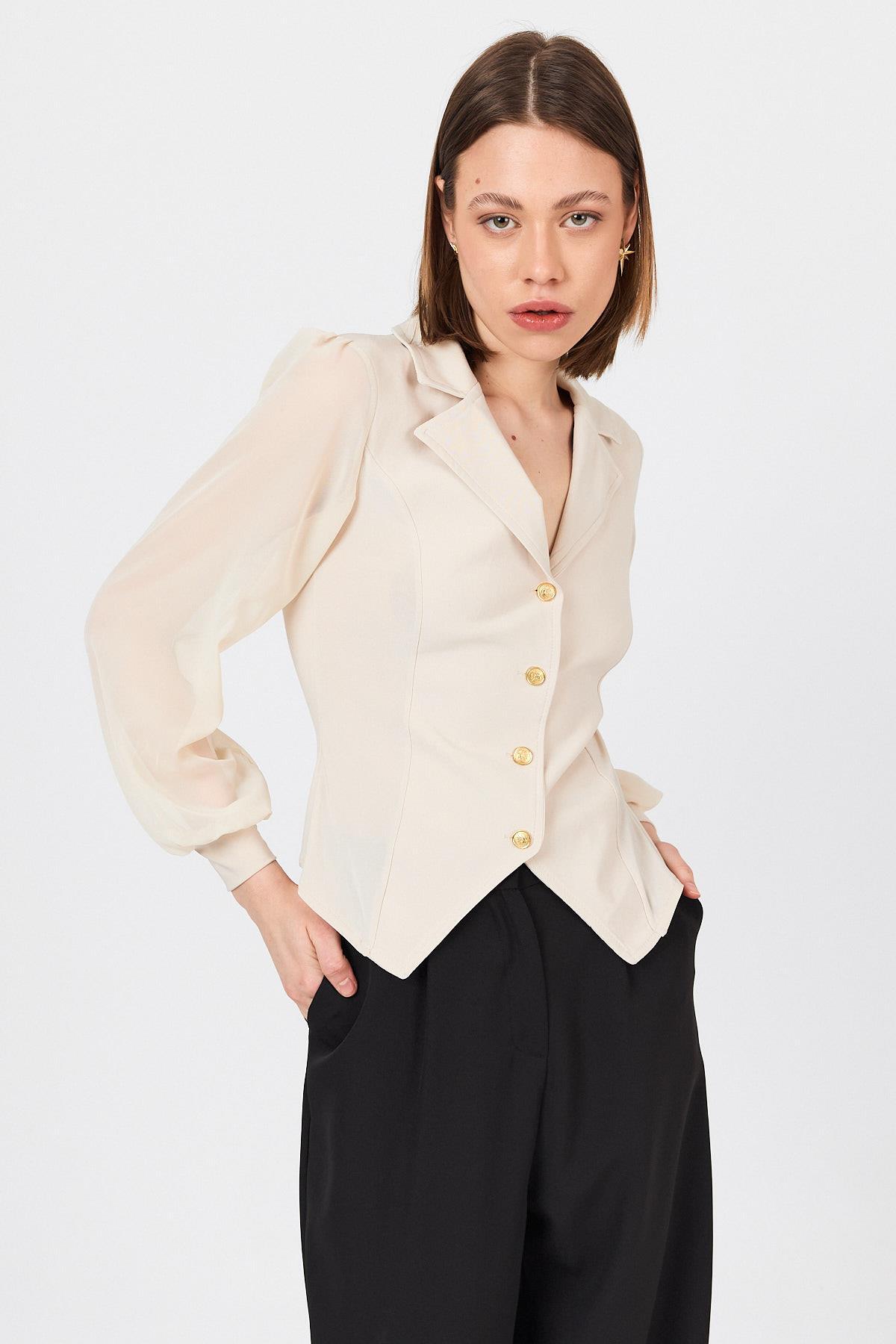 Bej Kruvaze Yaka Düğmeli Pensli Gömlek 9476 - 7