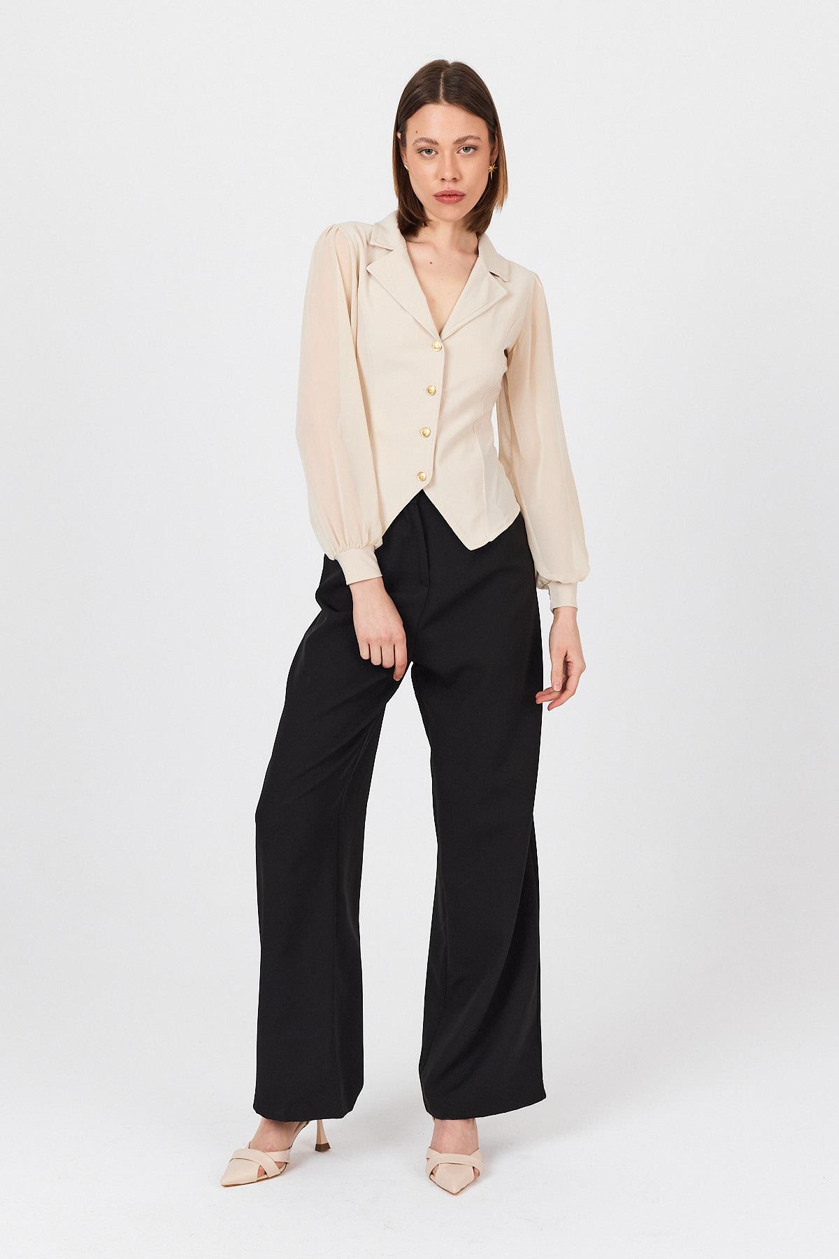 Bej Kruvaze Yaka Düğmeli Pensli Gömlek 9476 - 8