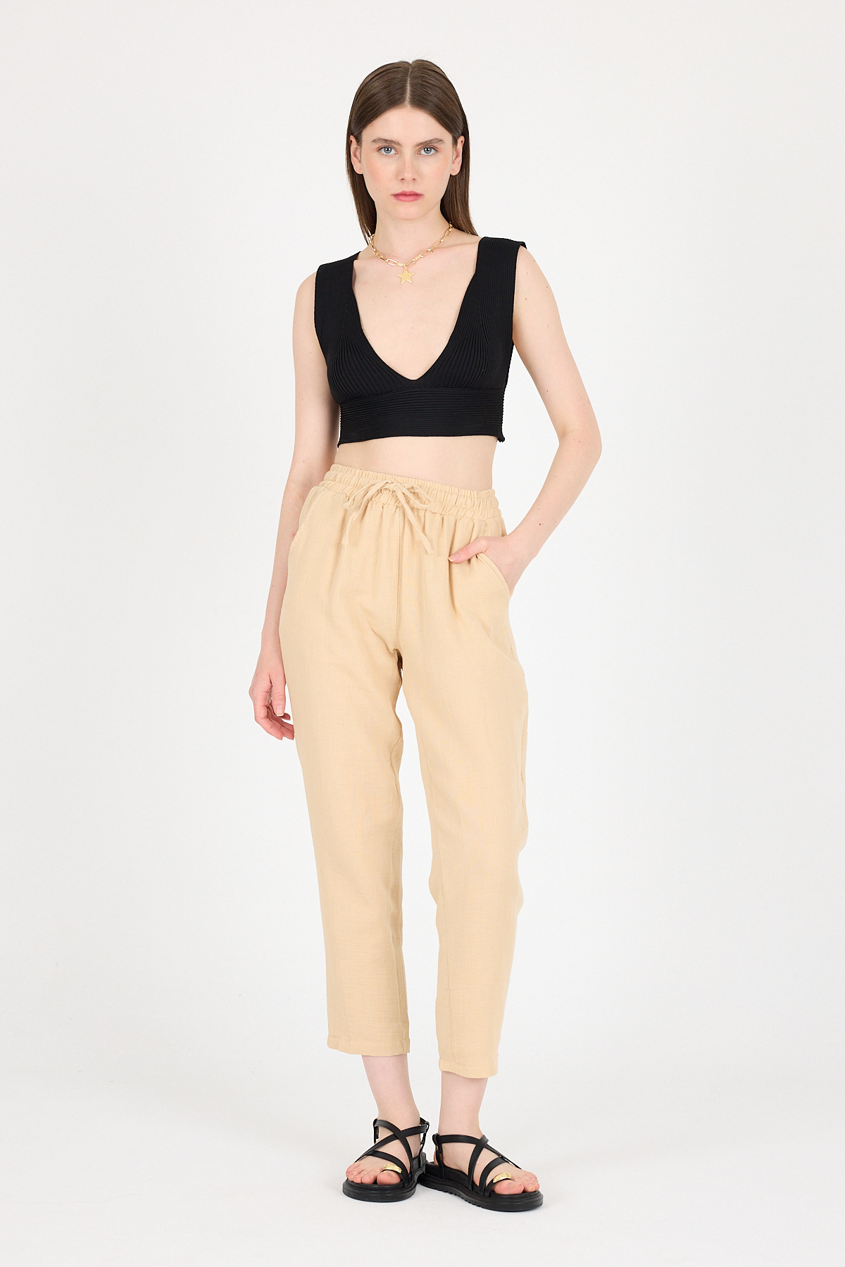 Bej Müslin %100 Pamuk Beli Lastikli Pantolon 8055A - 1
