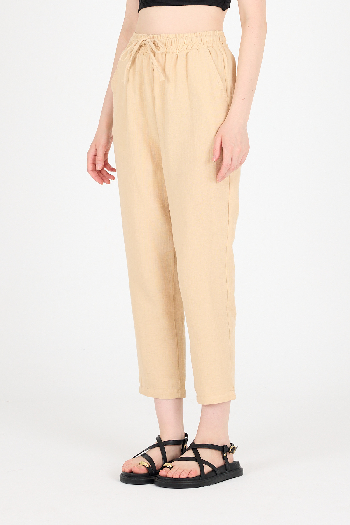 Bej Müslin %100 Pamuk Beli Lastikli Pantolon 8055A - RAYS