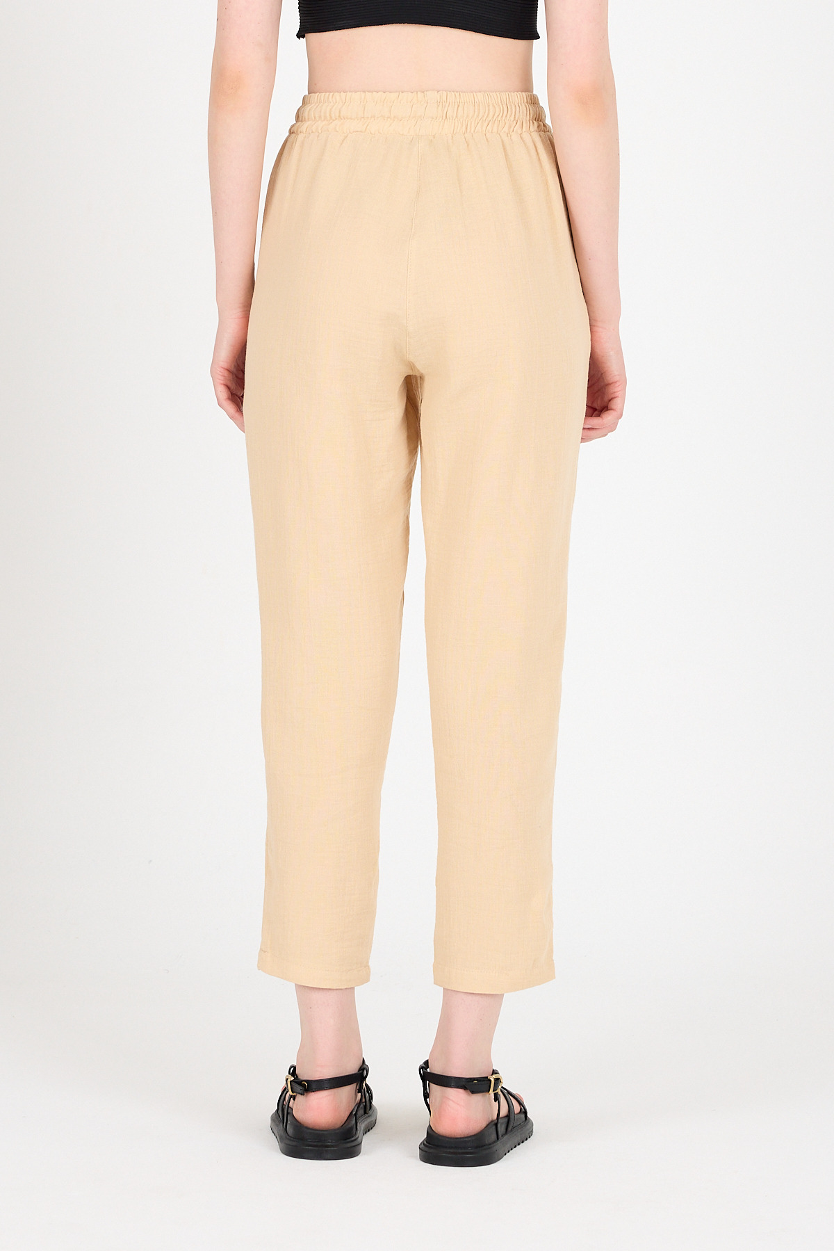 Bej Müslin %100 Pamuk Beli Lastikli Pantolon 8055A - 5