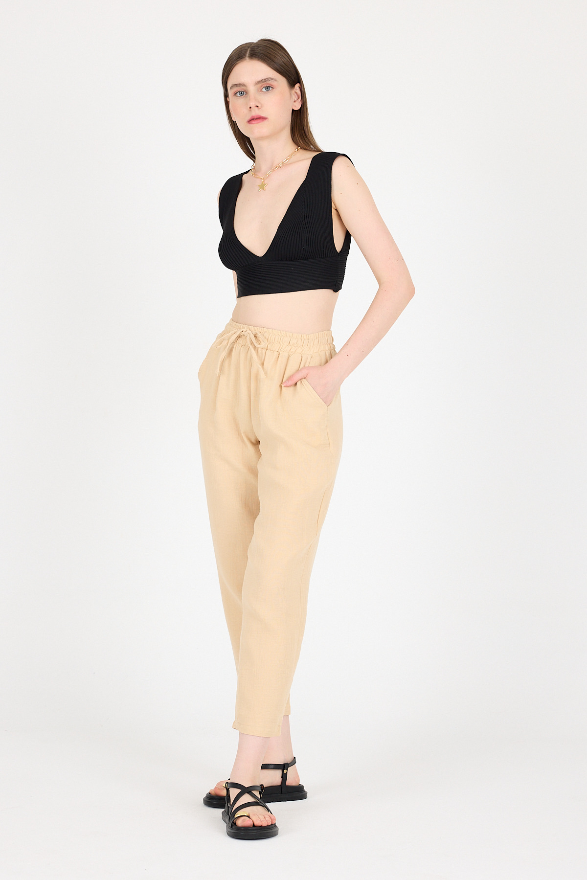 Bej Müslin %100 Pamuk Beli Lastikli Pantolon 8055A - 2