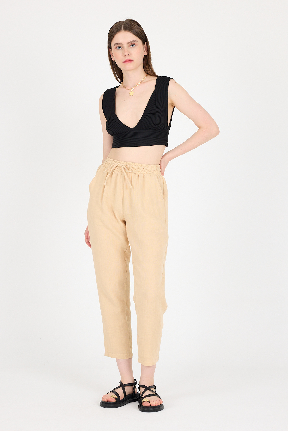 Bej Müslin %100 Pamuk Beli Lastikli Pantolon 8055A - 6