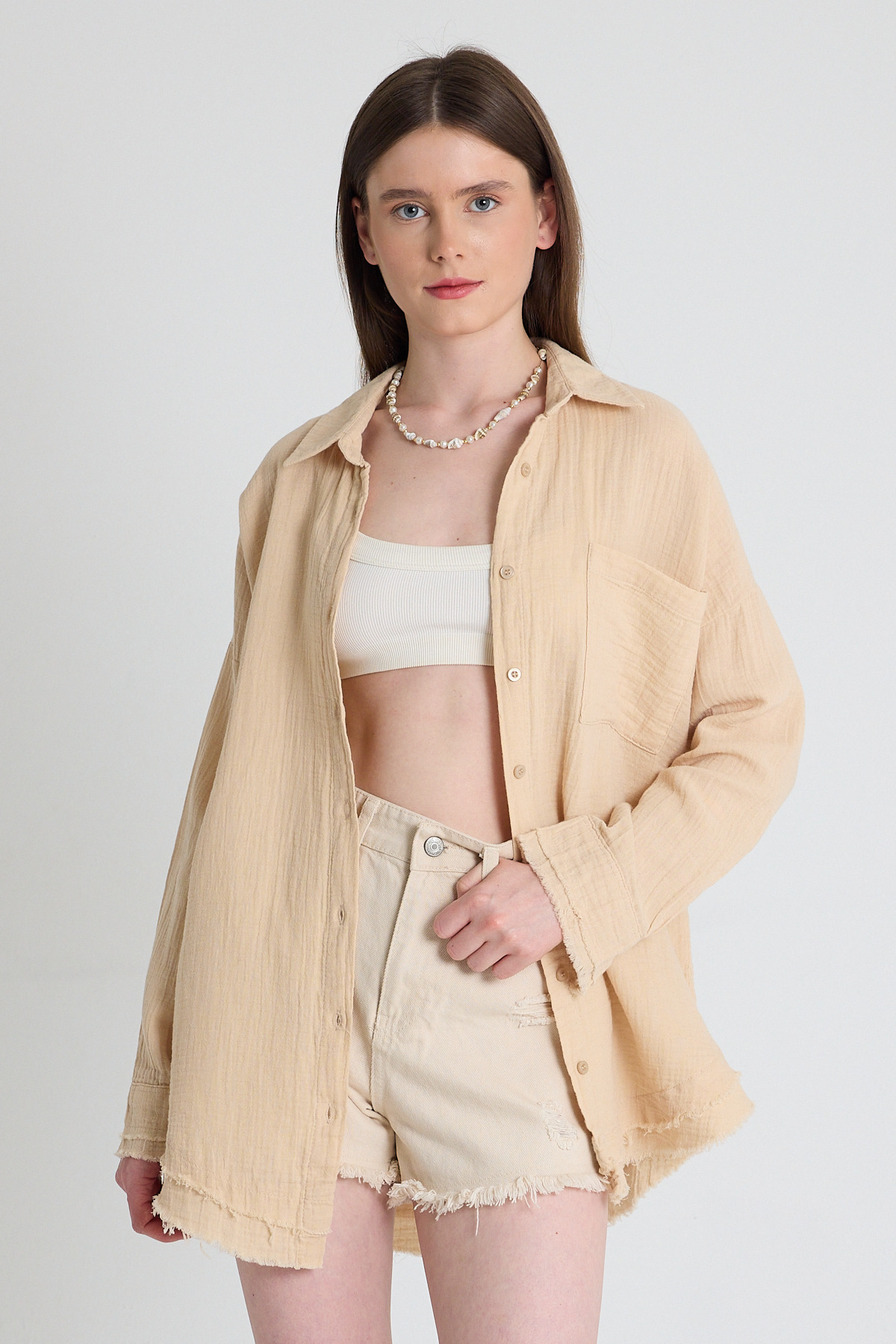 Bej Oversize %100 Pamuk Müslin Gömlek 4786A 