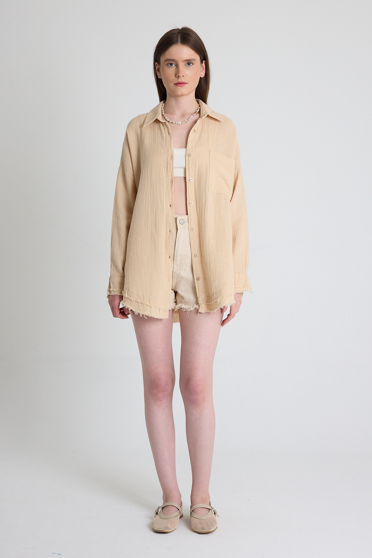 Bej Oversize %100 Pamuk Müslin Gömlek 4786A - 3