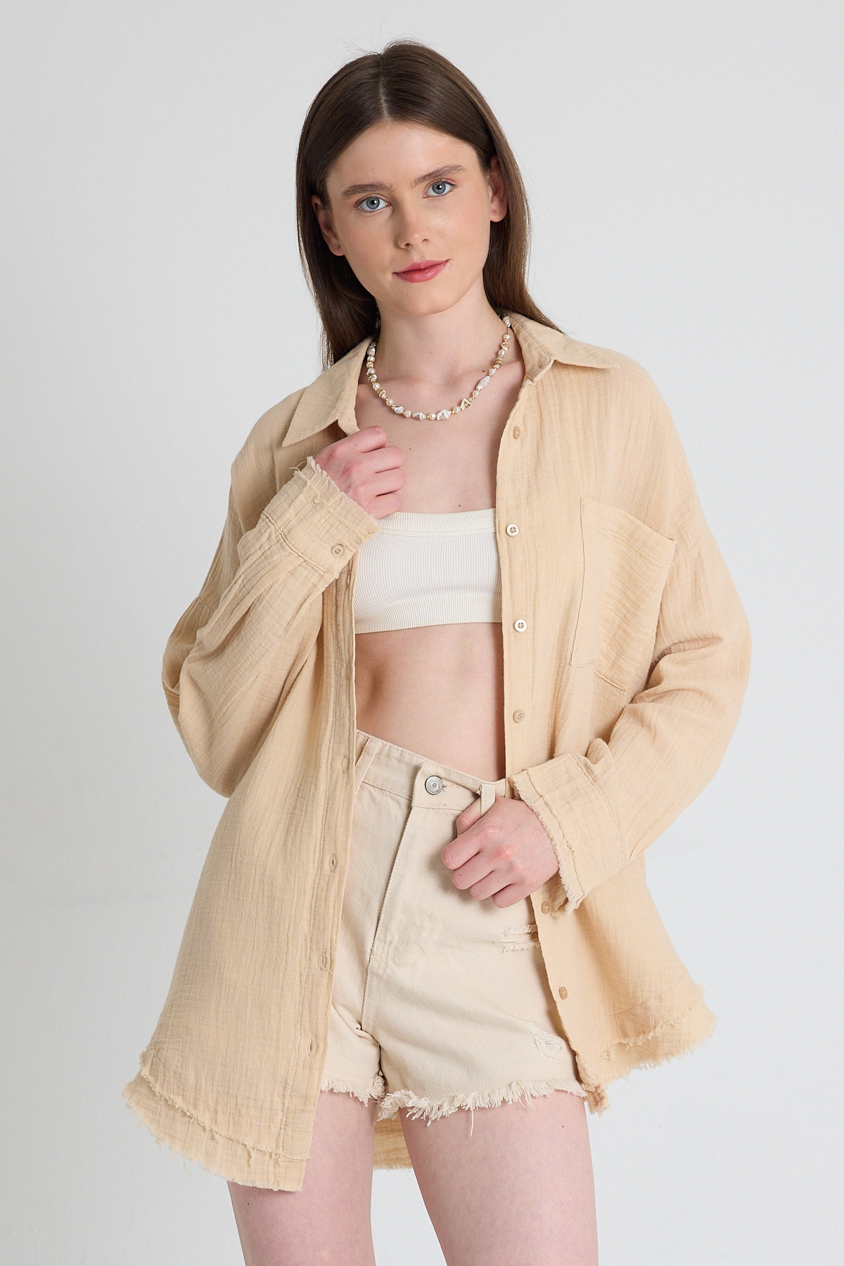 Bej Oversize %100 Pamuk Müslin Gömlek 4786A - 2