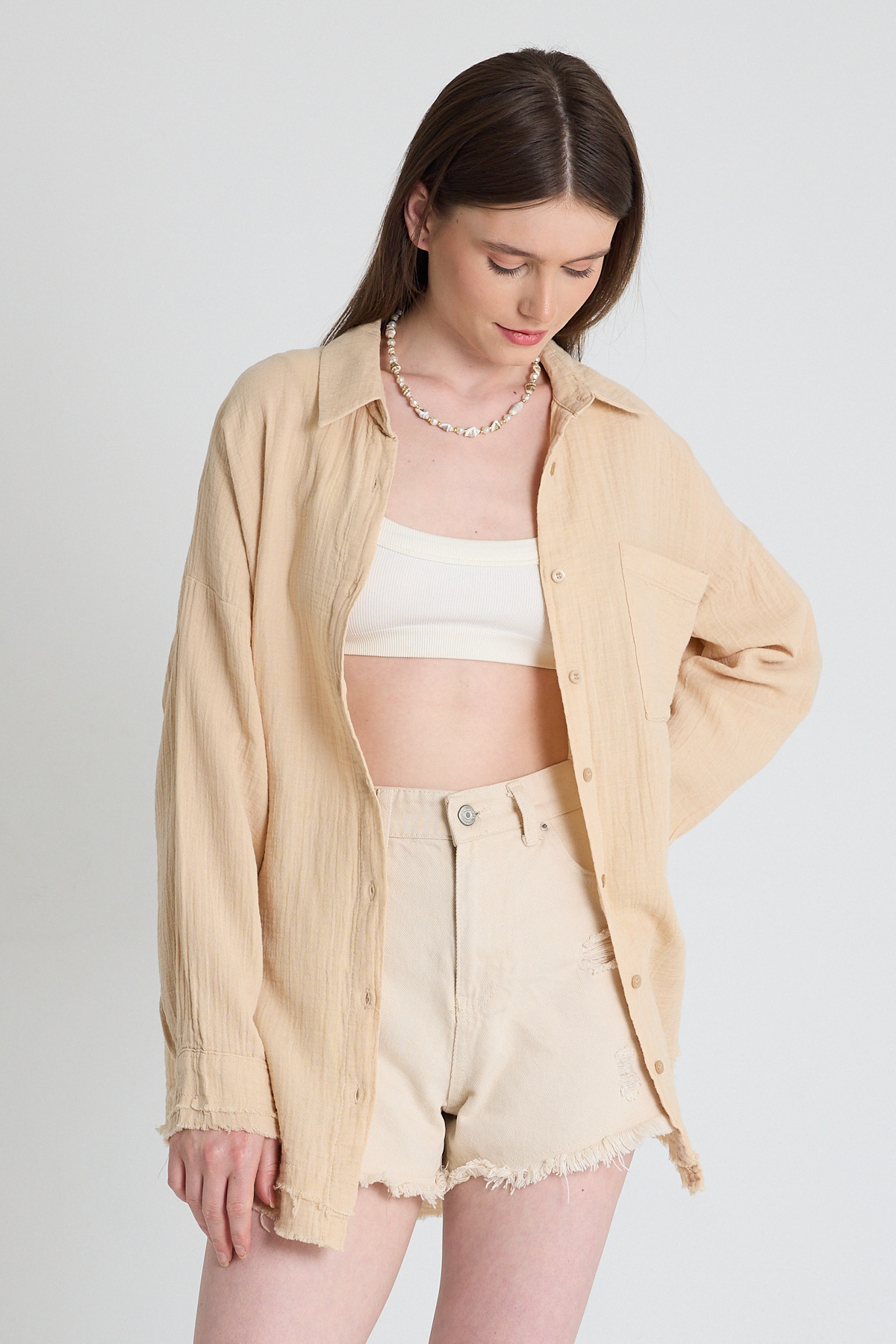 Bej Oversize %100 Pamuk Müslin Gömlek 4786A - 6