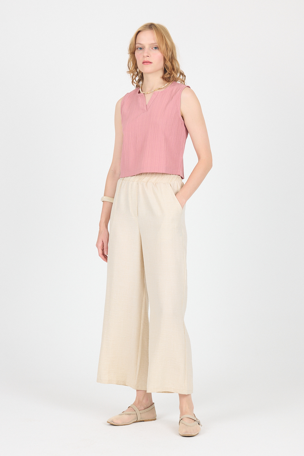 Bej Pamuklu Bel Lastikli Bol Paça Pantolon 4657 - RAYS