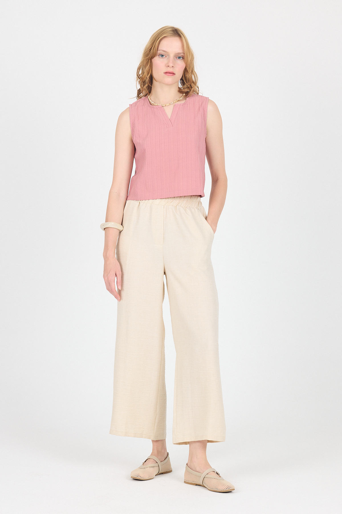 Bej Pamuklu Bel Lastikli Bol Paça Pantolon 4657 - 1