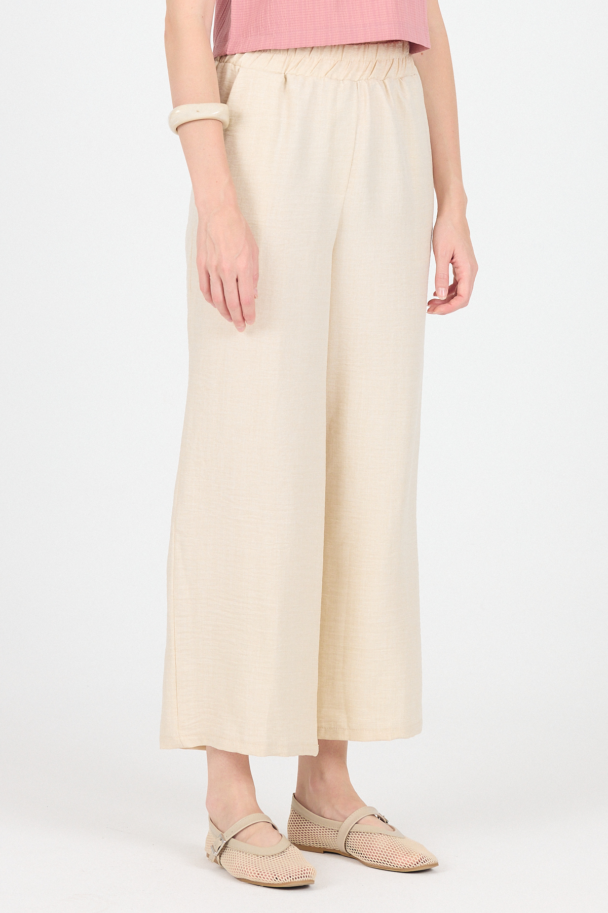 Bej Pamuklu Bel Lastikli Bol Paça Pantolon 4657 - 3