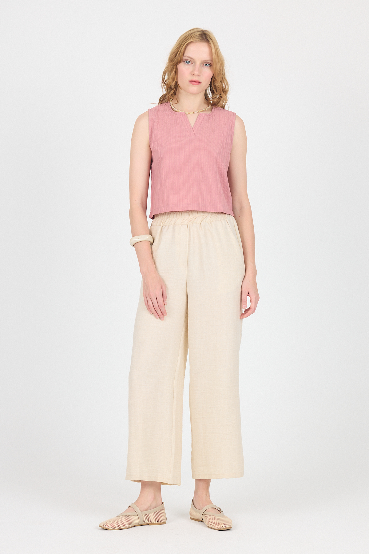 Bej Pamuklu Bel Lastikli Bol Paça Pantolon 4657 - 6