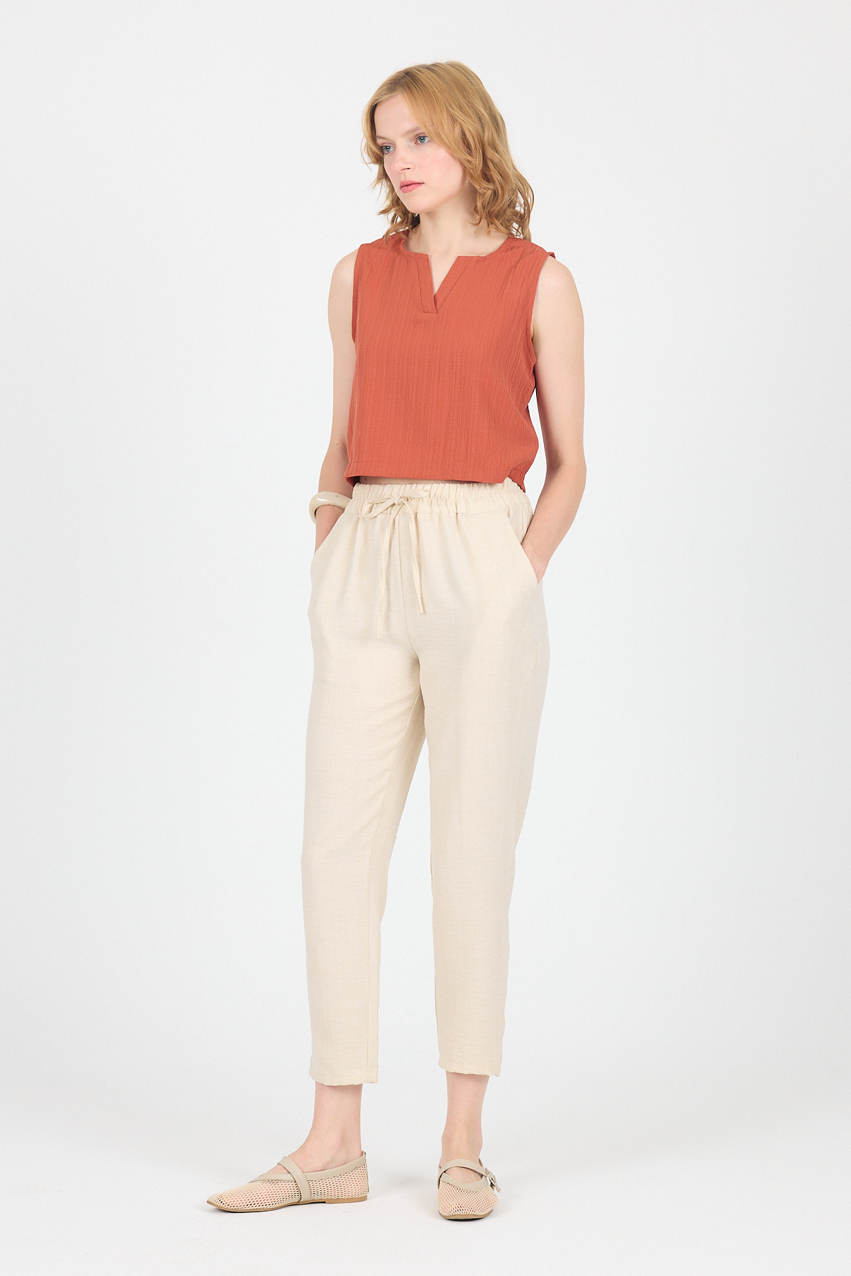 Bej Pamuklu Bel Lastikli Düz Paça Düz Paça Pantolon 4800 - RAYS