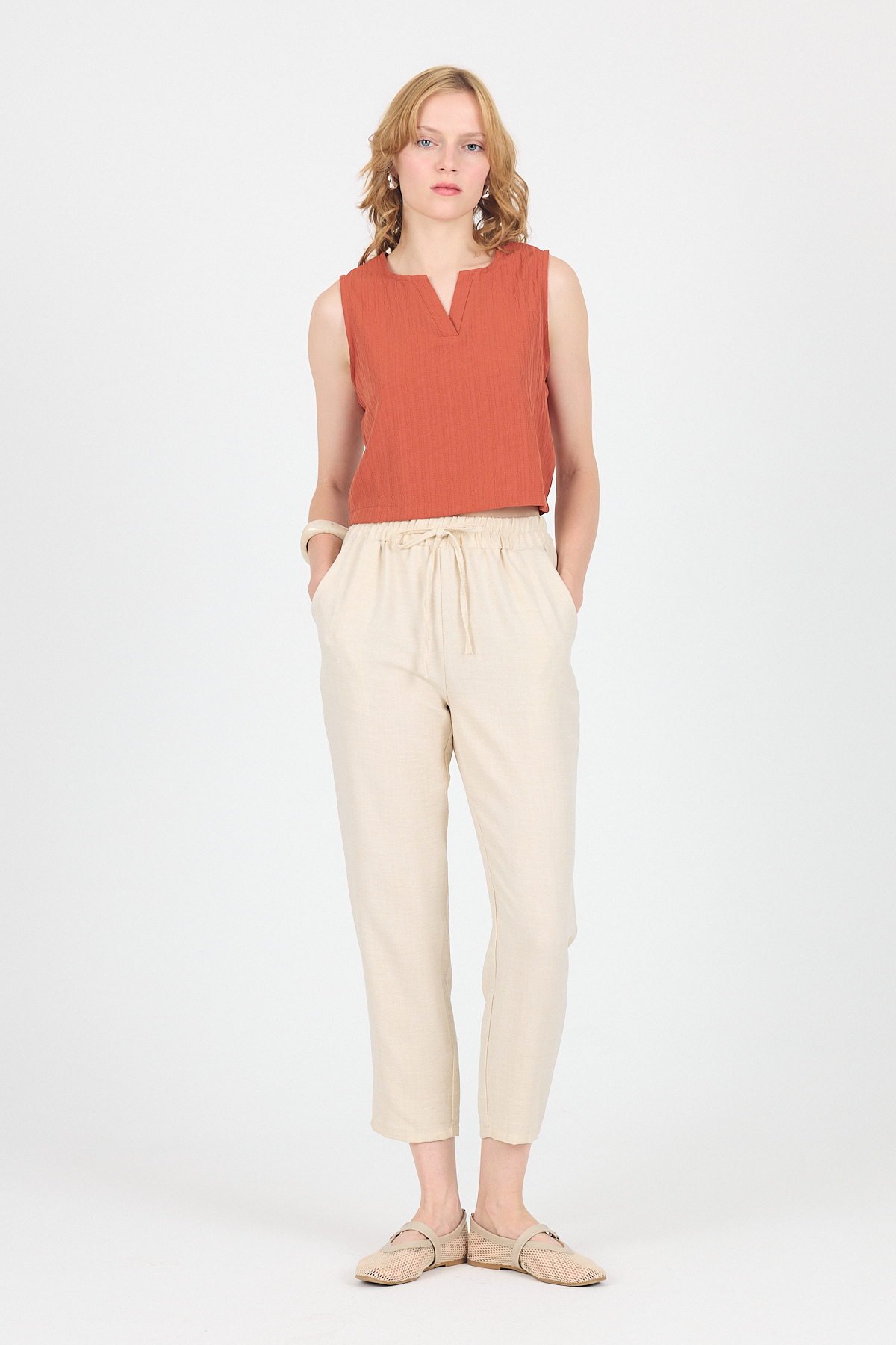 Bej Pamuklu Bel Lastikli Düz Paça Düz Paça Pantolon 4800 - RAYS