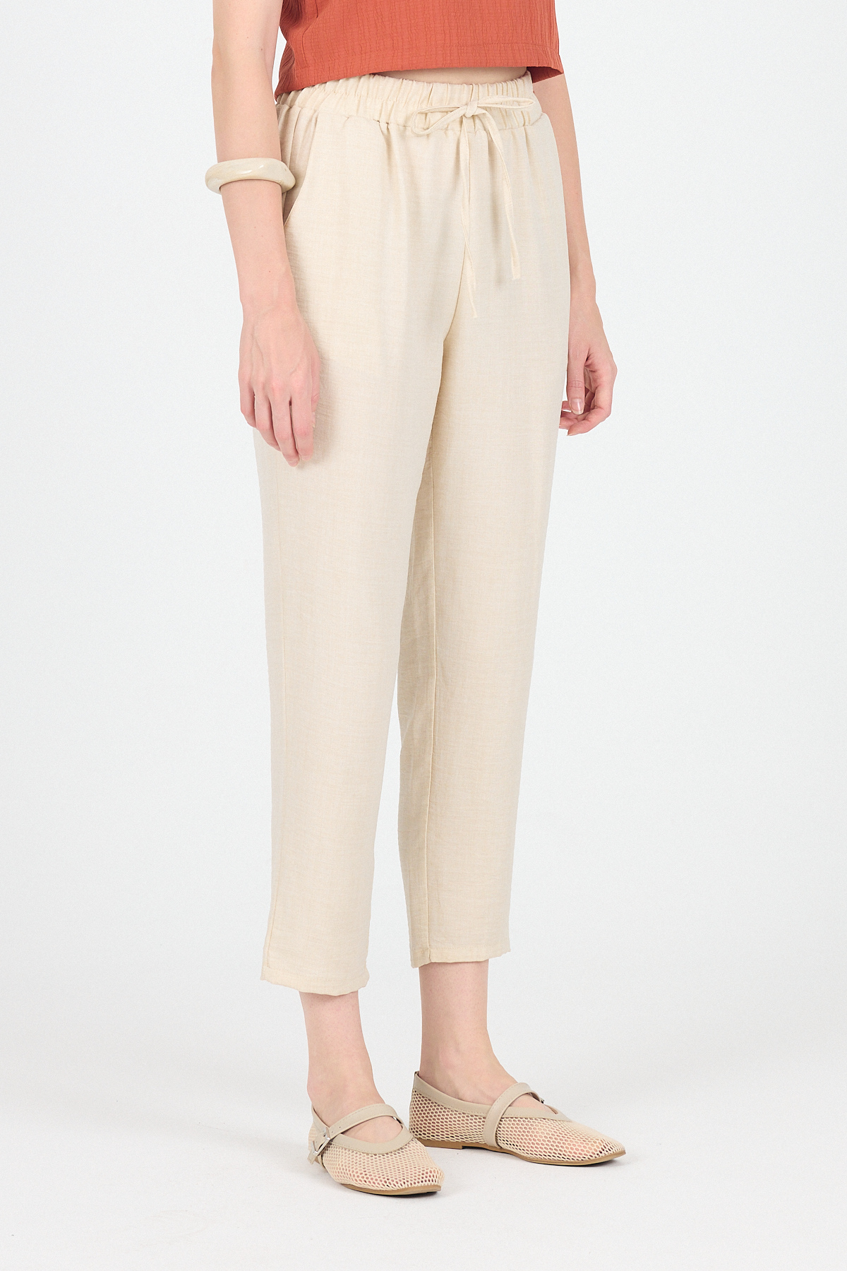 Bej Pamuklu Bel Lastikli Düz Paça Düz Paça Pantolon 4800 - RAYS