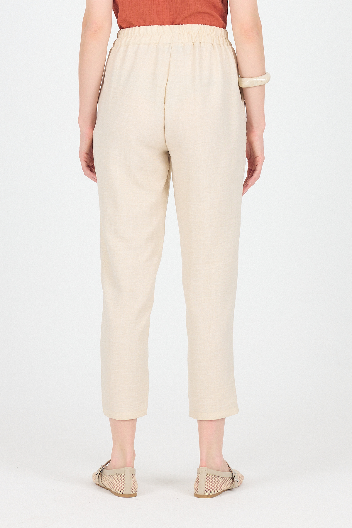Bej Pamuklu Bel Lastikli Düz Paça Düz Paça Pantolon 4800 - 5