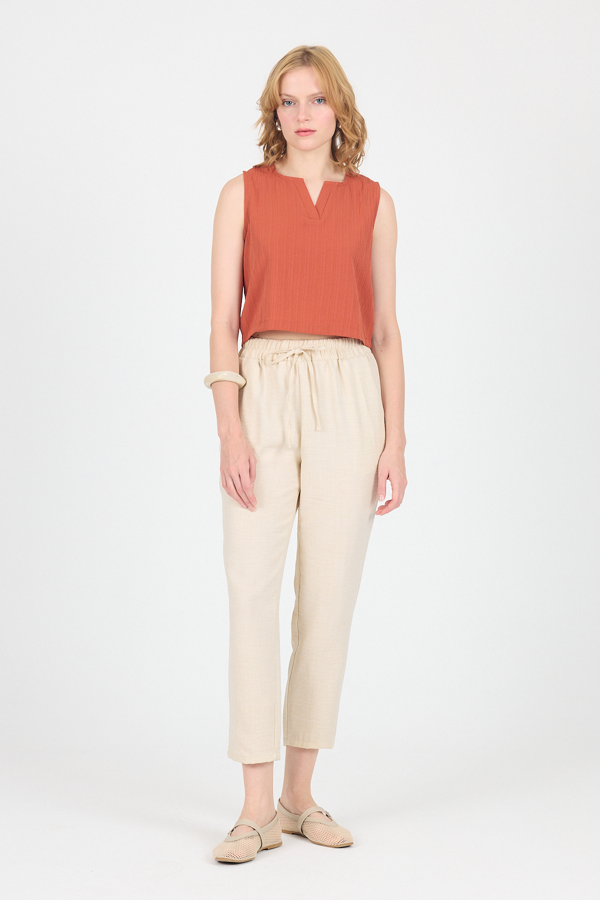 Bej Pamuklu Bel Lastikli Düz Paça Düz Paça Pantolon 4800 - 6