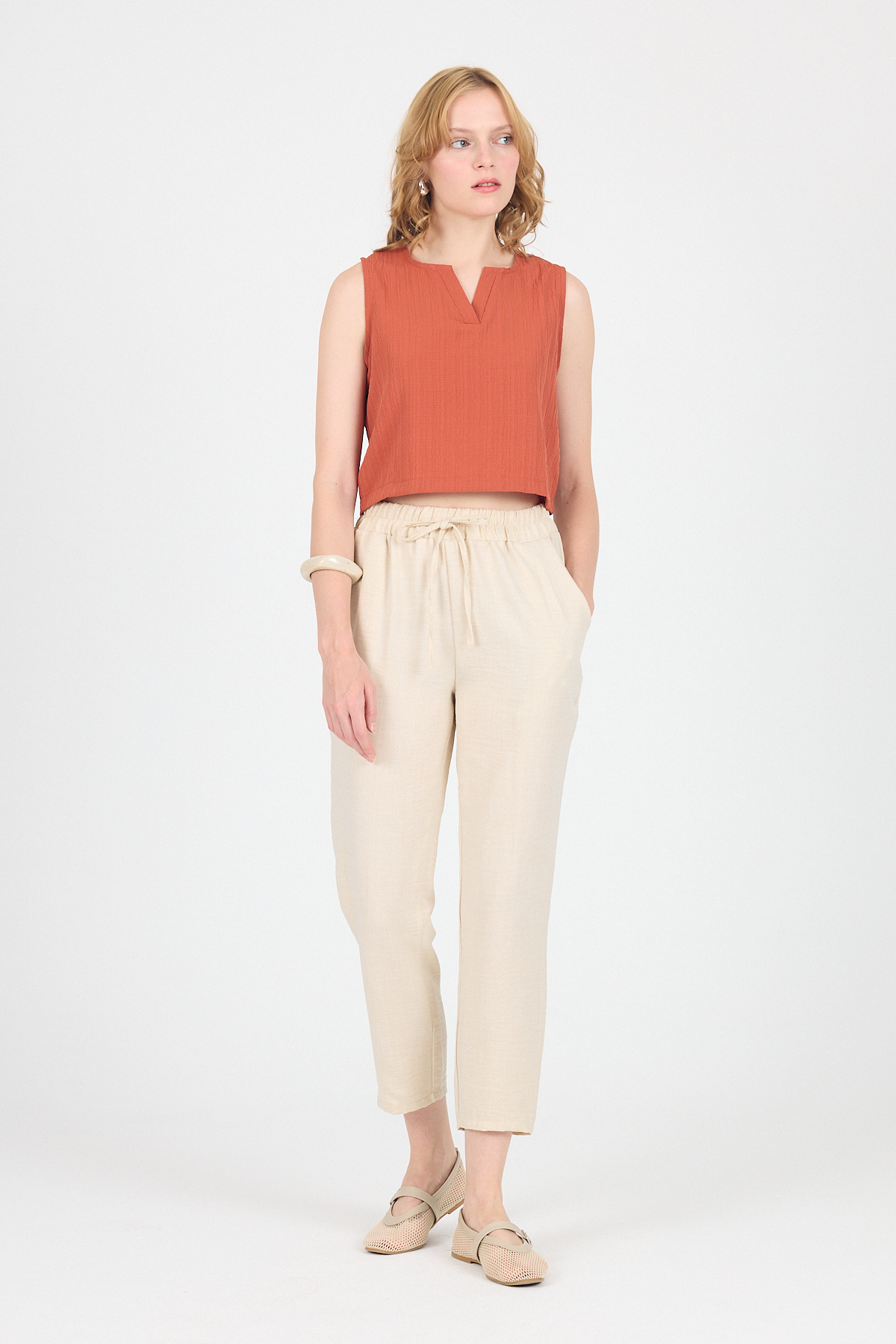 Bej Pamuklu Bel Lastikli Düz Paça Düz Paça Pantolon 4800 - 7