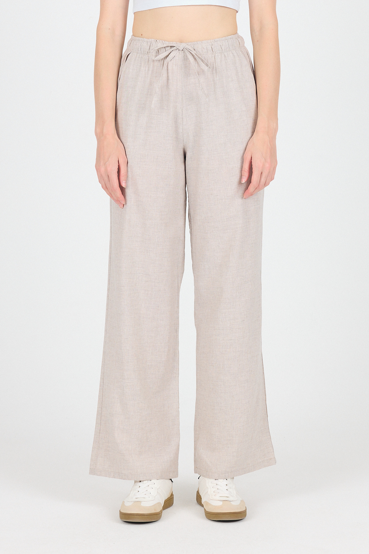 Bej Pamuklu Bel Lastikli Wide Leg/Bol Paça Pantolon 4754A - 3