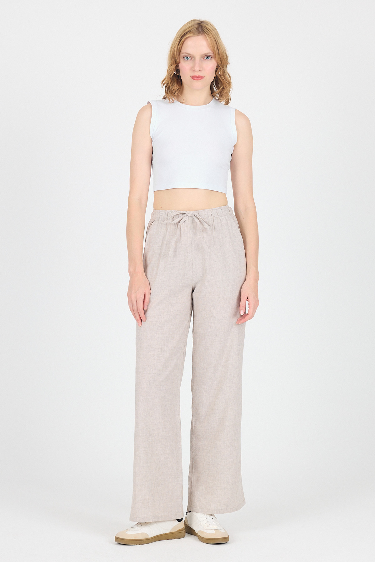 Bej Pamuklu Bel Lastikli Wide Leg/Bol Paça Pantolon 4754A - 1