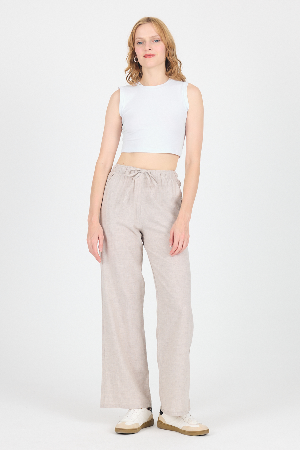 Bej Pamuklu Bel Lastikli Wide Leg/Bol Paça Pantolon 4754A - 6