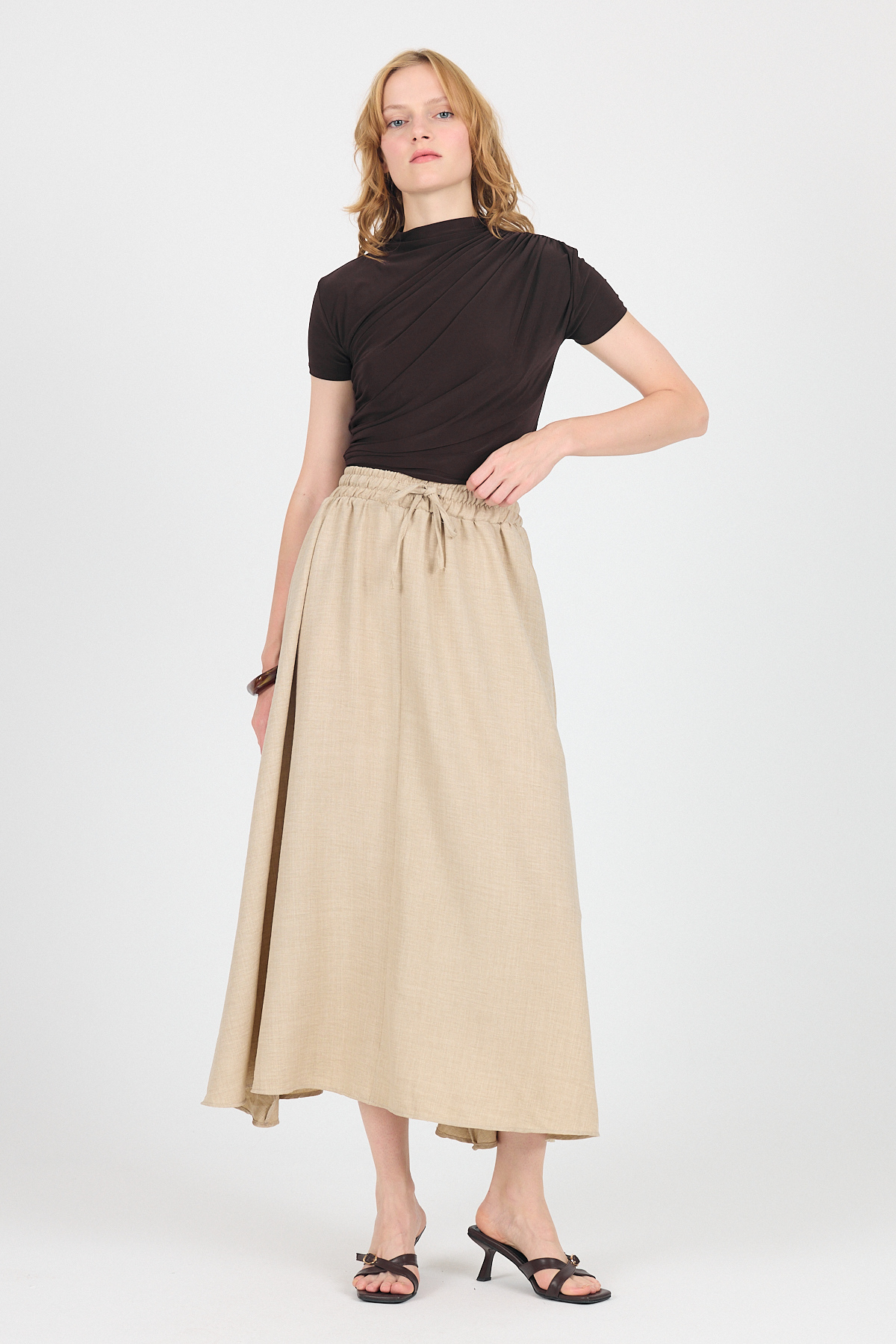 Bej Pamuklu Çan Kesim Bağcıklı Uzun Etek 8024 - 6