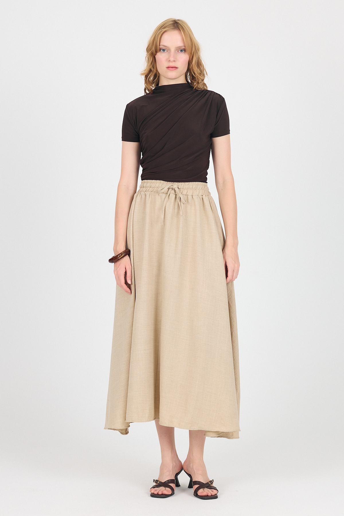 Bej Pamuklu Çan Kesim Bağcıklı Uzun Etek 8024 - RAYS