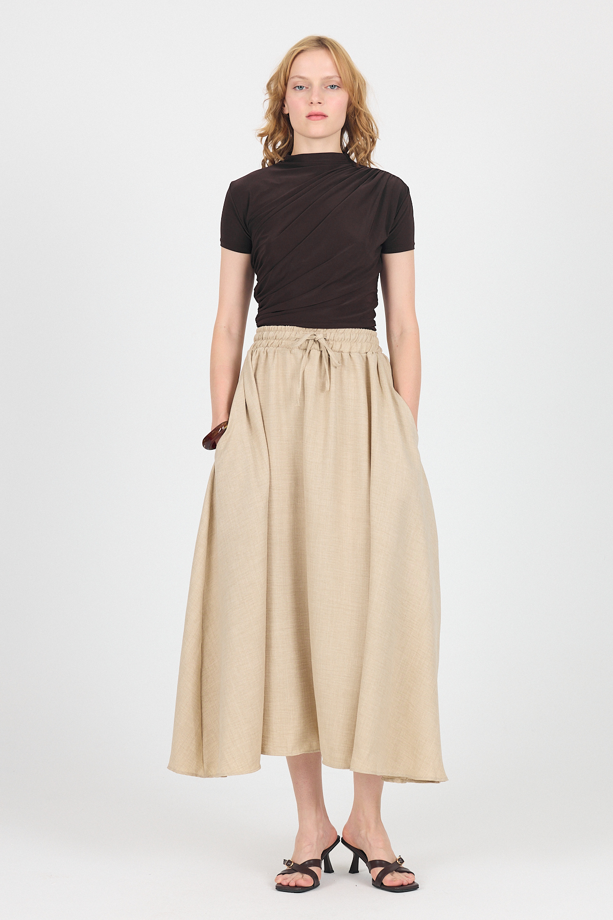 Bej Pamuklu Çan Kesim Bağcıklı Uzun Etek 8024 - RAYS