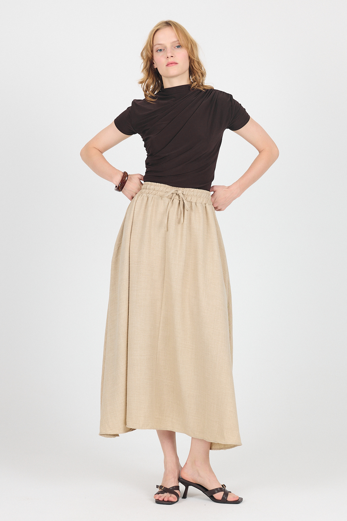 Bej Pamuklu Çan Kesim Bağcıklı Uzun Etek 8024 - 7