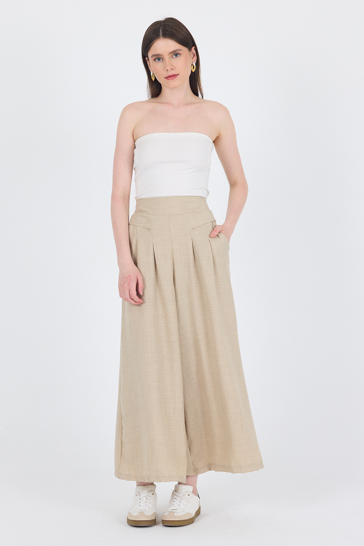 Bej Pamuklu Keten Dokulu Yüksek Bel Pilili Palazzo Pantolon 4819A - RAYS