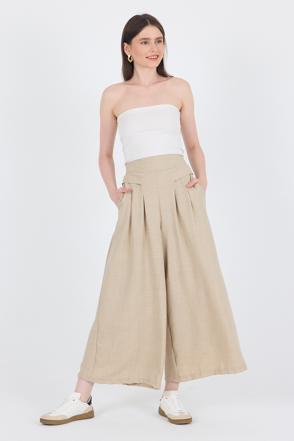 Bej Pamuklu Keten Dokulu Yüksek Bel Pilili Palazzo Pantolon 4819A - RAYS