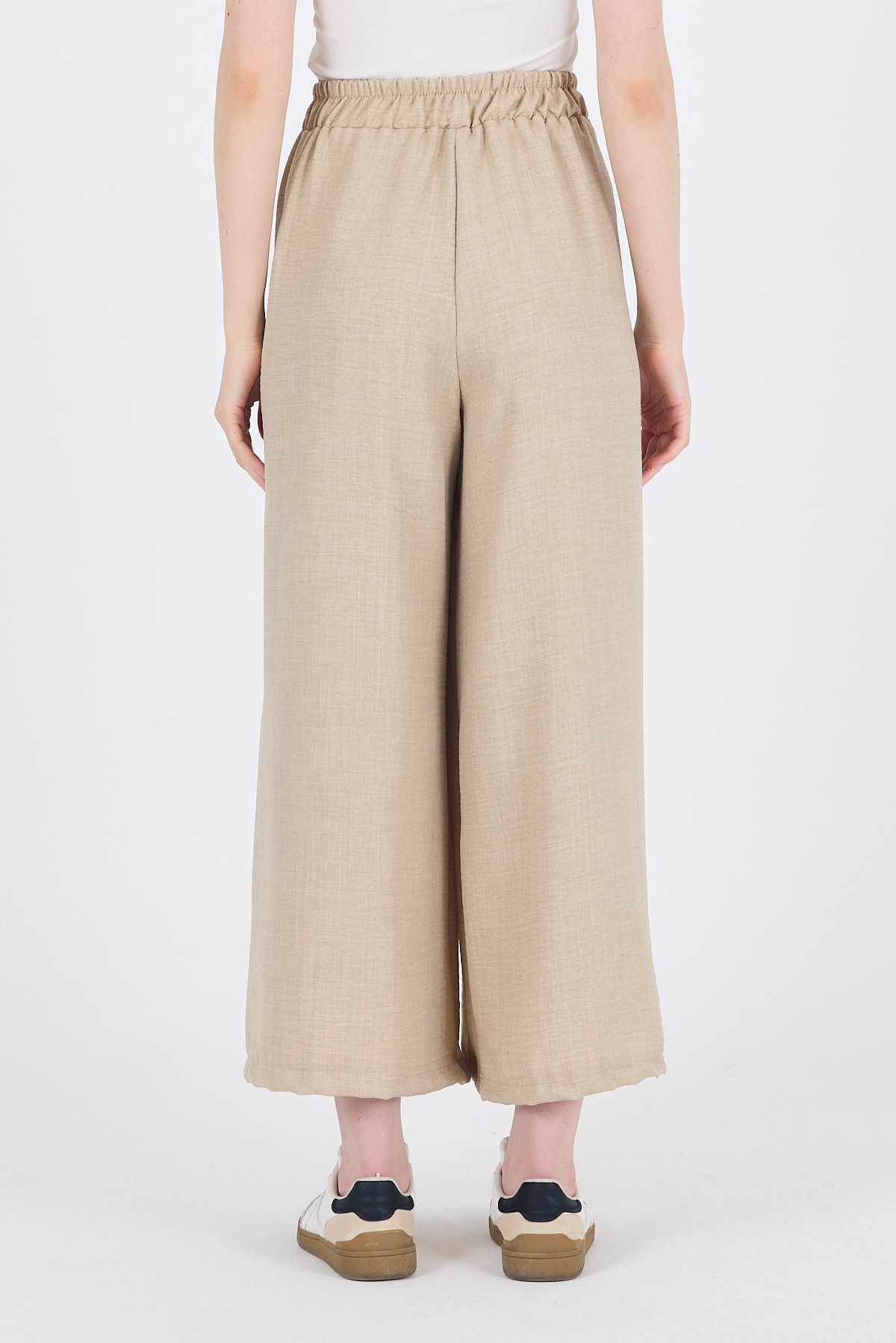 Bej Pamuklu Keten Dokulu Yüksek Bel Pilili Palazzo Pantolon 4819A - 5