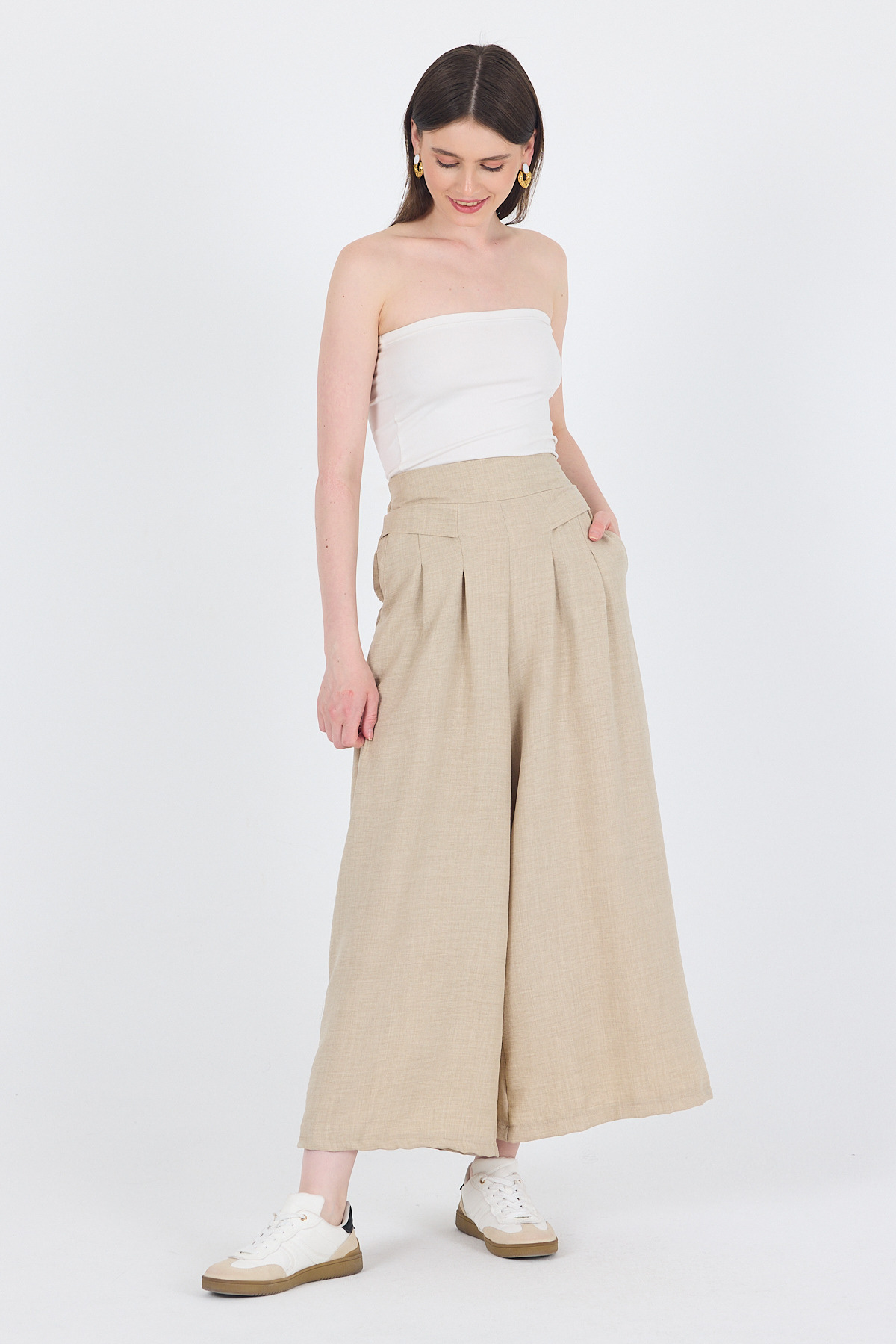 Bej Pamuklu Keten Dokulu Yüksek Bel Pilili Palazzo Pantolon 4819A 