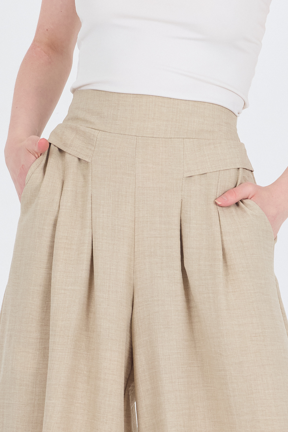 Bej Pamuklu Keten Dokulu Yüksek Bel Pilili Palazzo Pantolon 4819A - 4