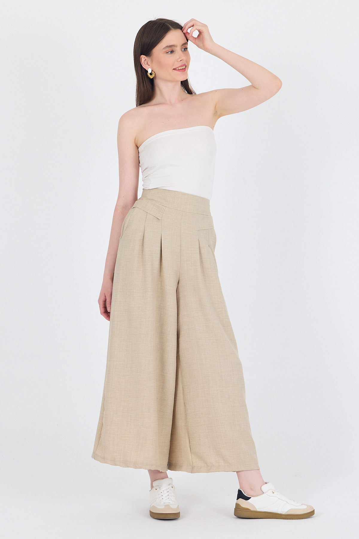 Bej Pamuklu Keten Dokulu Yüksek Bel Pilili Palazzo Pantolon 4819A - 6