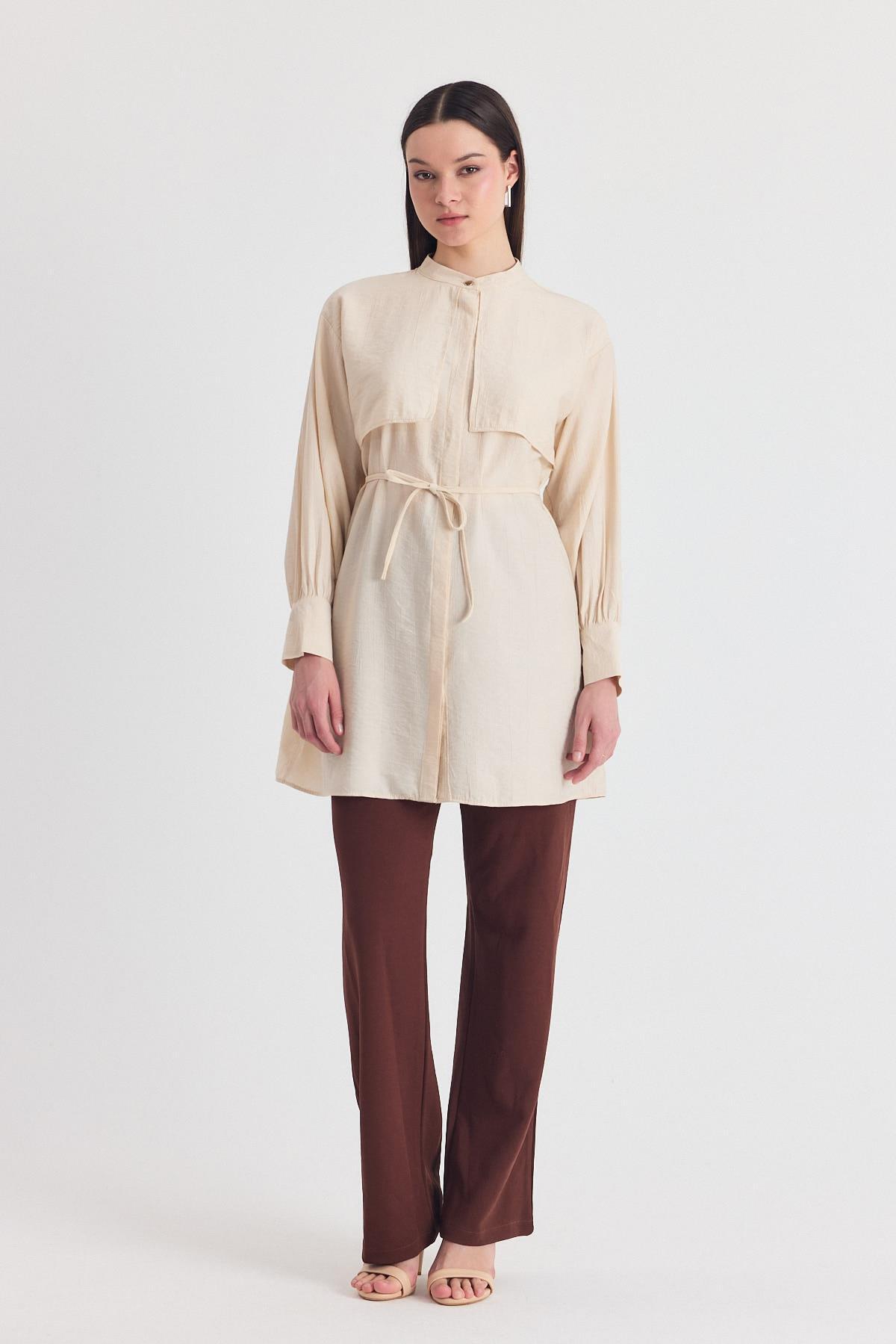 Bej Parça Detaylı İp Bağcıklı Gömlek 4553A - RAYS