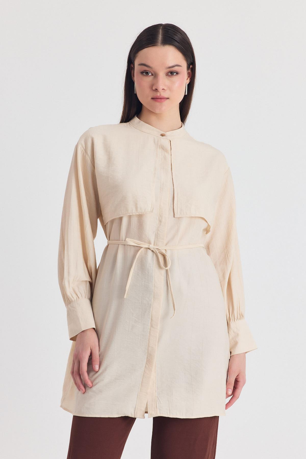 Bej Parça Detaylı İp Bağcıklı Gömlek 4553A - RAYS