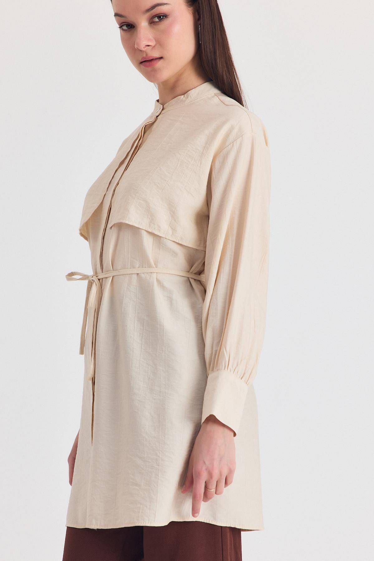 Bej Parça Detaylı İp Bağcıklı Gömlek 4553A - RAYS