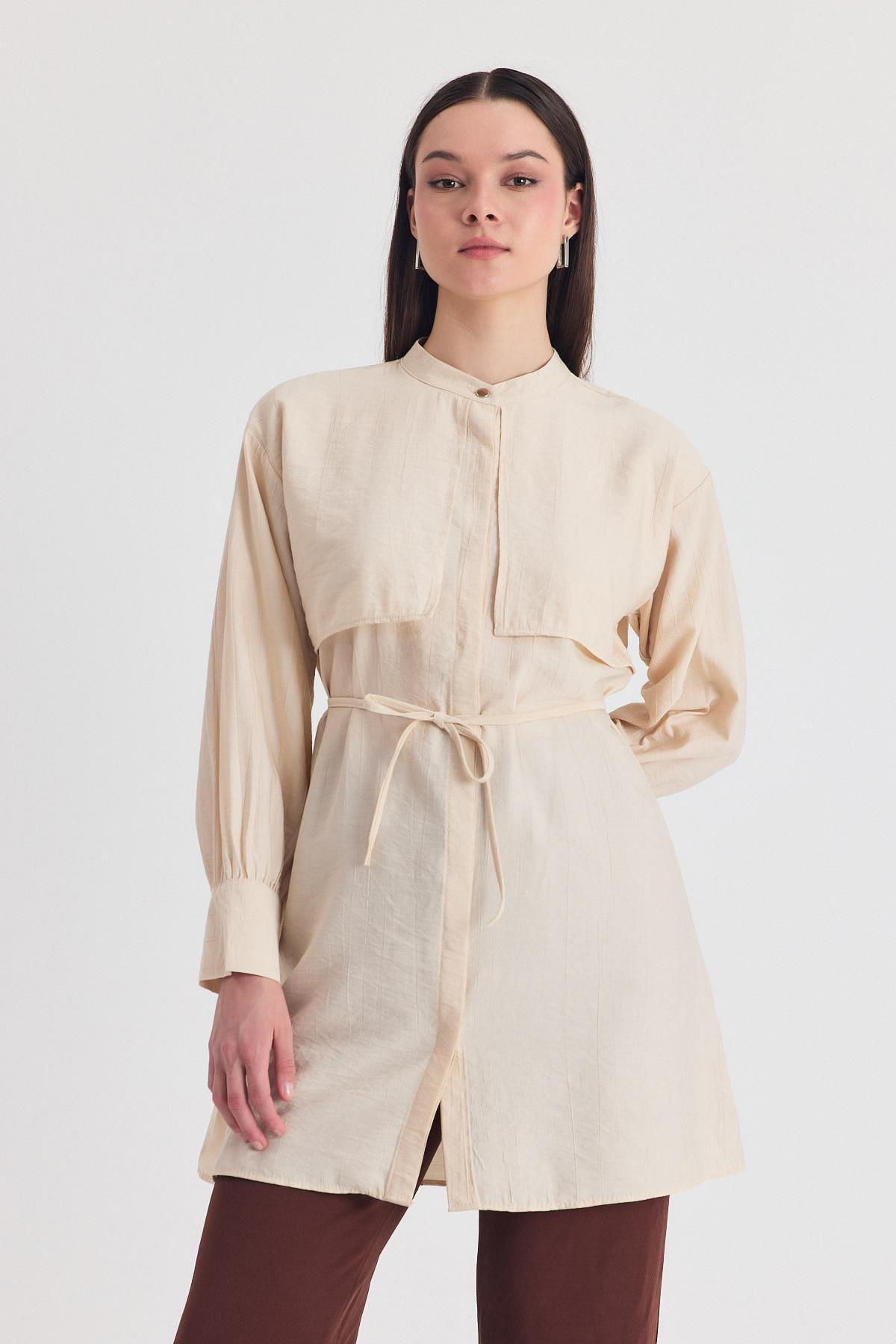 Bej Parça Detaylı İp Bağcıklı Gömlek 4553A 