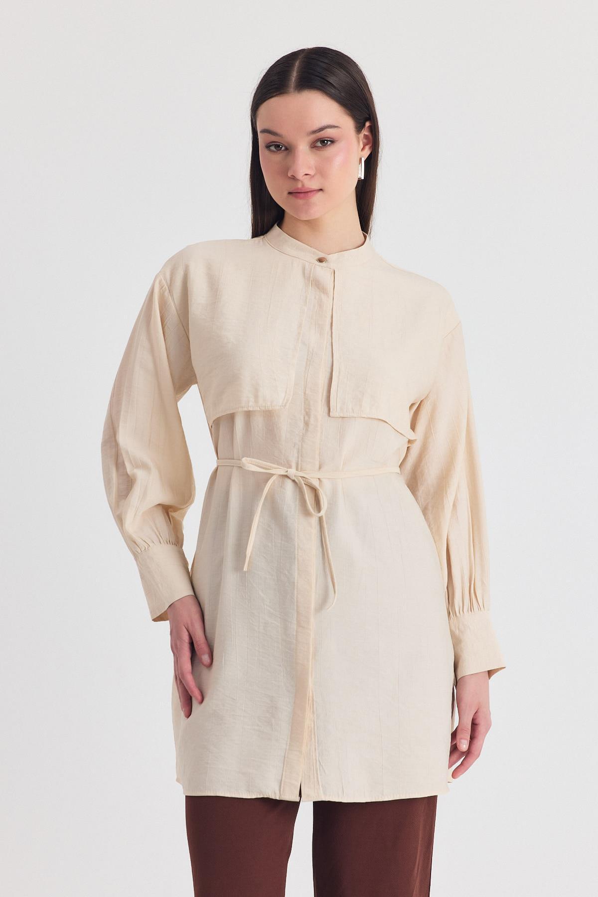 Bej Parça Detaylı İp Bağcıklı Gömlek 4553A - 6