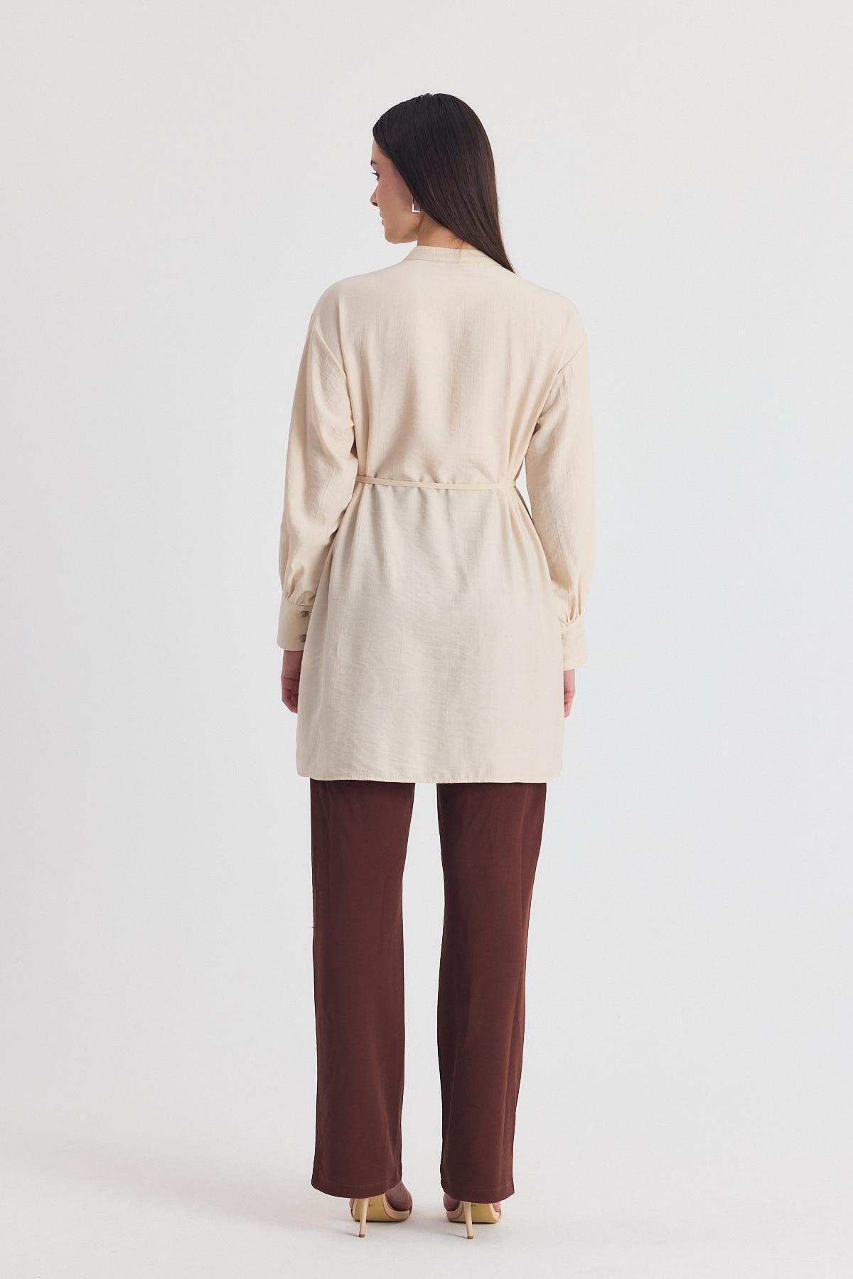 Bej Parça Detaylı İp Bağcıklı Gömlek 4553A - 5