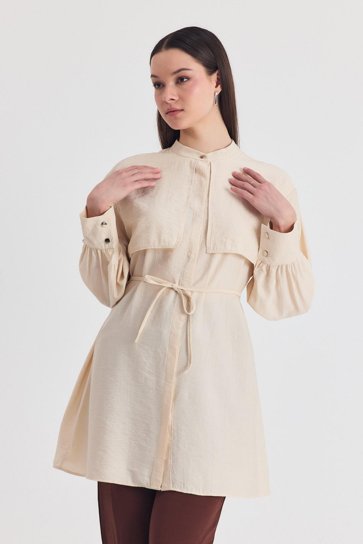 Bej Parça Detaylı İp Bağcıklı Gömlek 4553A - 7