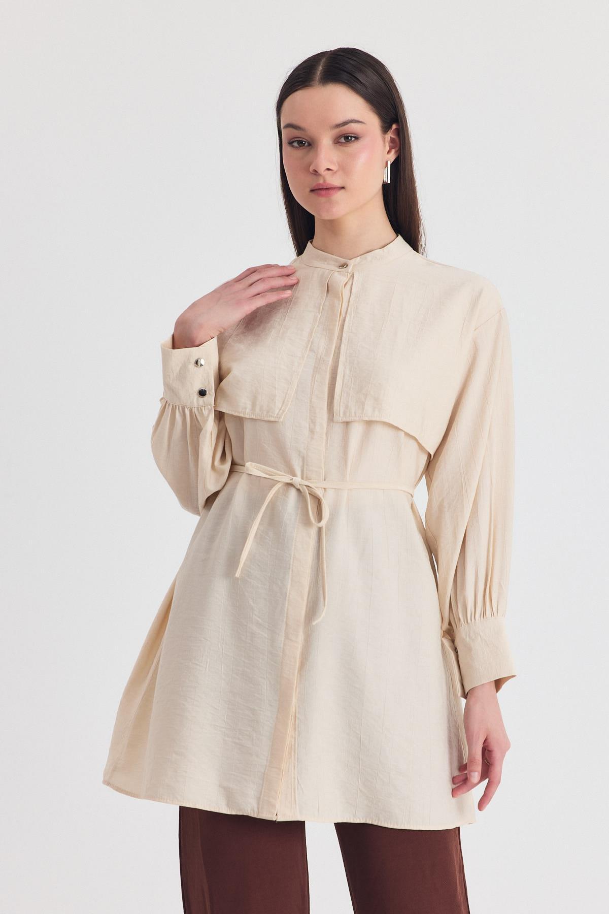 Bej Parça Detaylı İp Bağcıklı Gömlek 4553A - 8