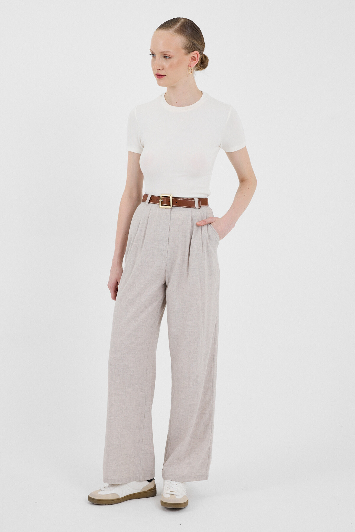 Bej Pile Detaylı Bol Paça/Palazzo Pantolon 4757A - RAYS