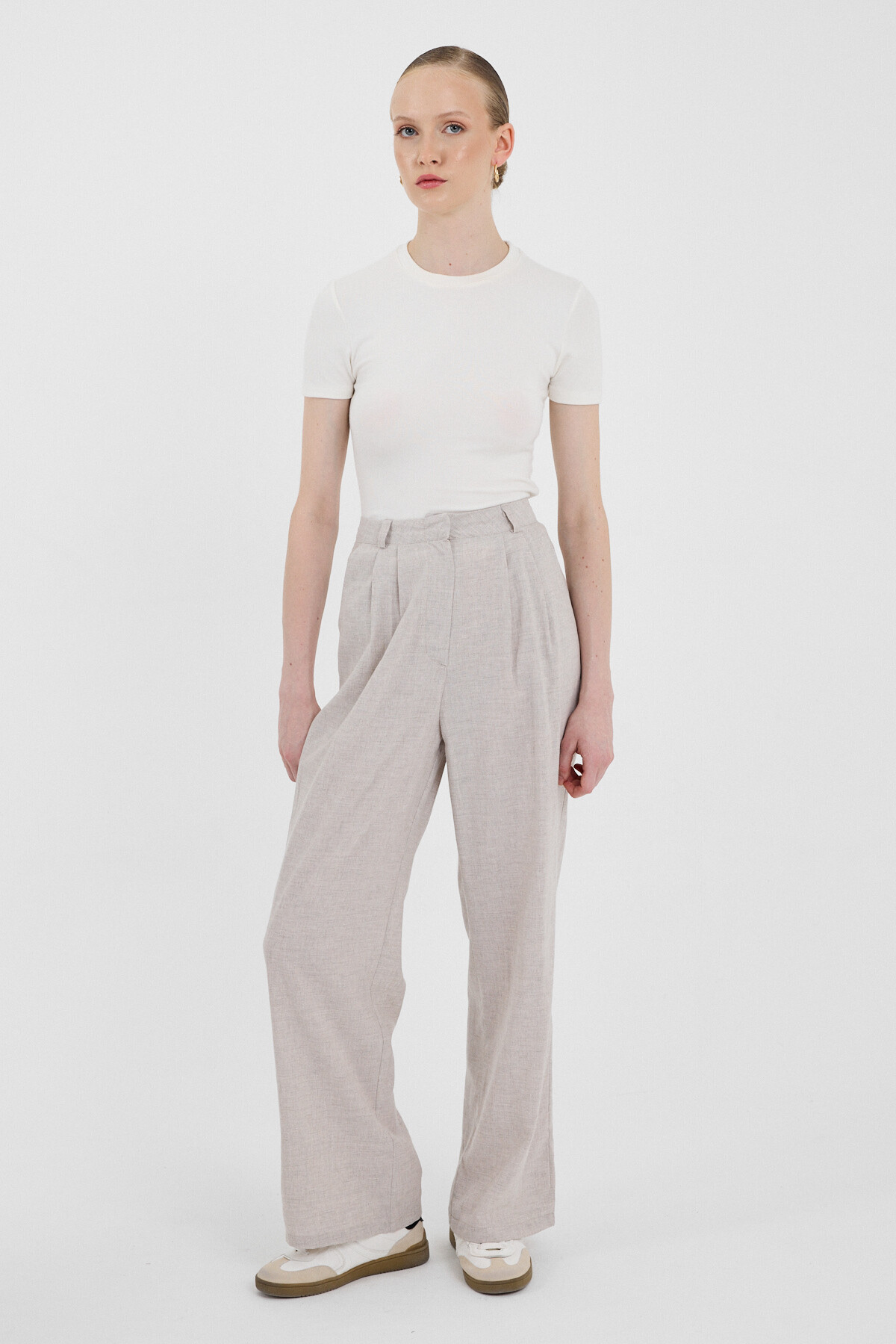 Bej Pile Detaylı Bol Paça/Palazzo Pantolon 4757A - 2