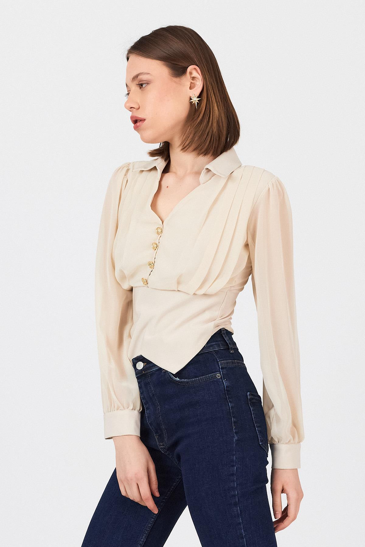 Bej Pileli Gömlek Yaka Düğmeli Bluz 9471 - RAYS