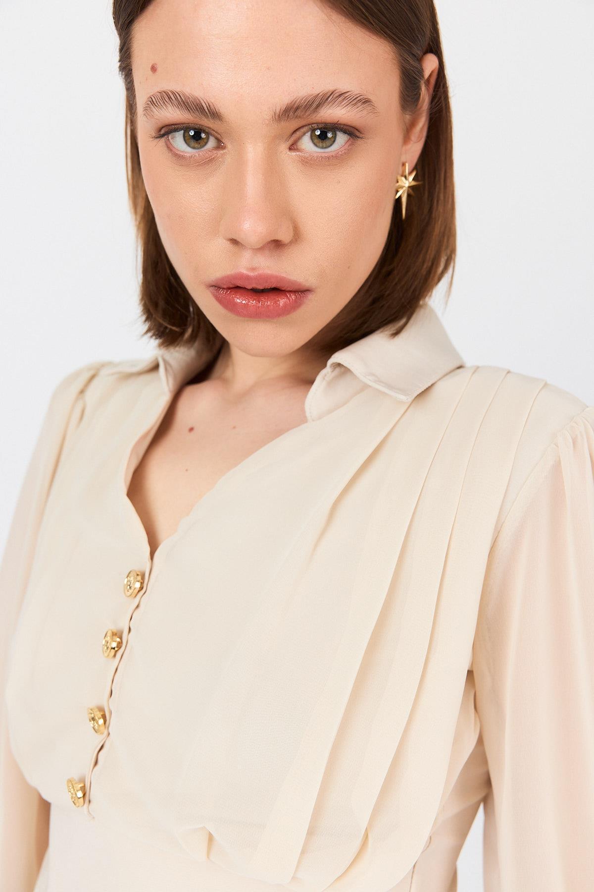 Bej Pileli Gömlek Yaka Düğmeli Bluz 9471 - RAYS