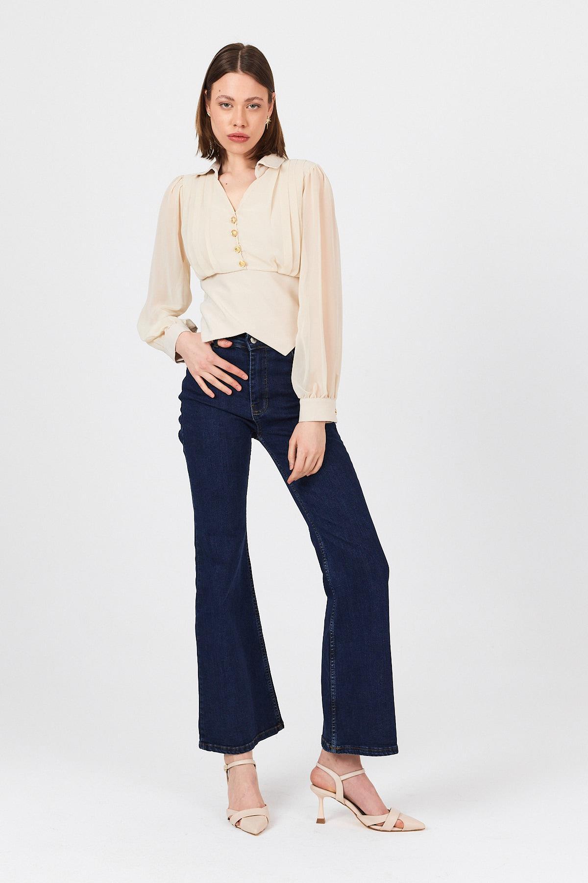 Bej Pileli Gömlek Yaka Düğmeli Bluz 9471 - RAYS