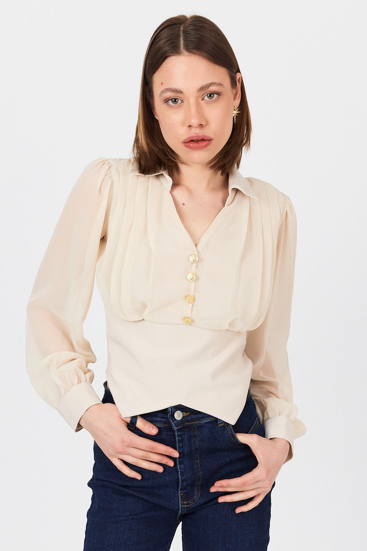 Bej Pileli Gömlek Yaka Düğmeli Bluz 9471 - 1