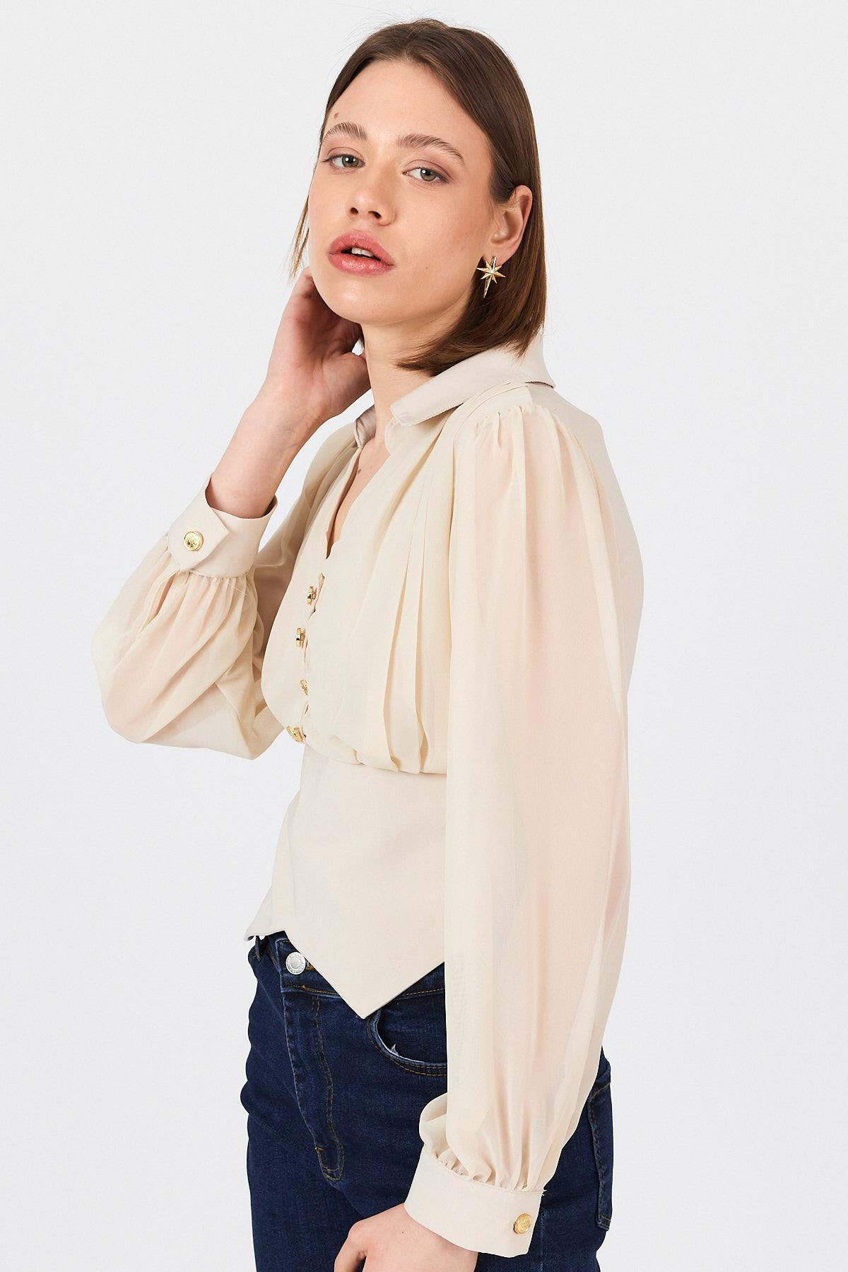 Bej Pileli Gömlek Yaka Düğmeli Bluz 9471 - 6