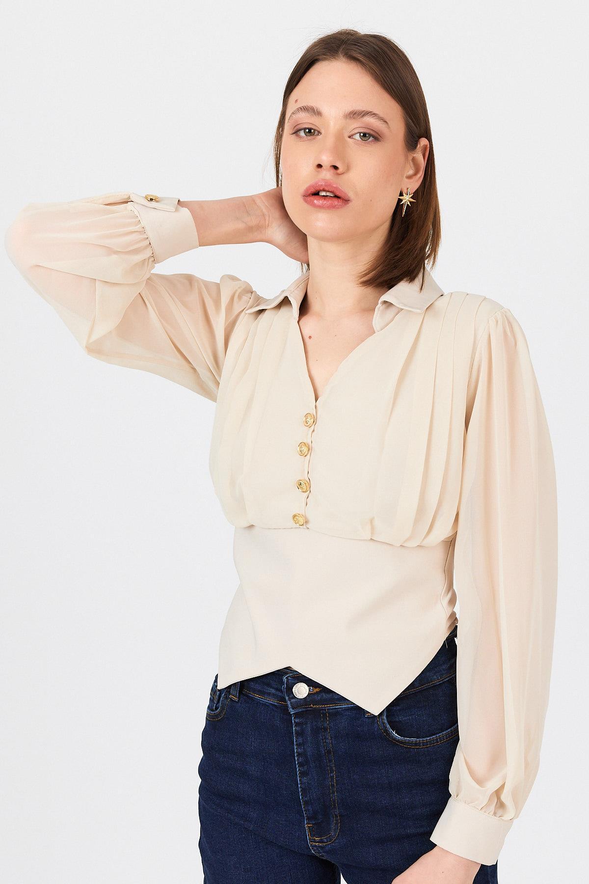 Bej Pileli Gömlek Yaka Düğmeli Bluz 9471 - 7